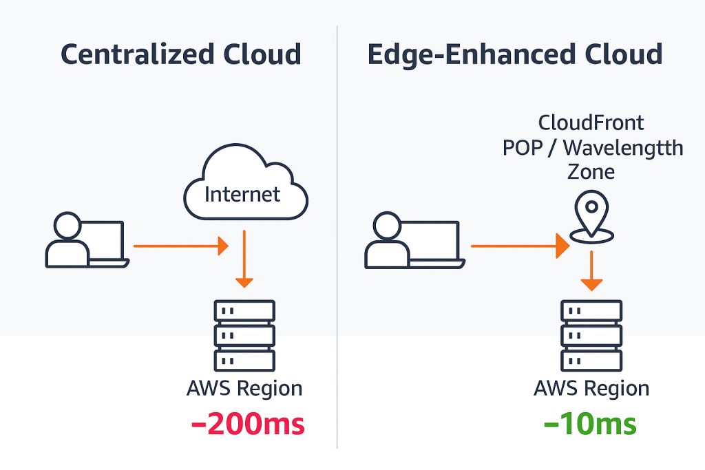 Split diagram comparing centralized cloud and edge-enhanced cloud. On the left, user traffic goes through the internet to an AWS Region with ~200ms latency. On the right, traffic routes through CloudFront POP or Wavelength Zone before reaching an AWS Region, reducing latency to ~10ms.