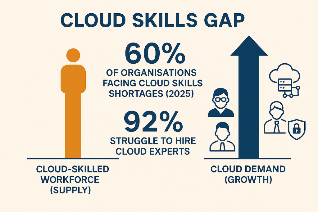 “Infographic visualising the 2025 cloud skills gap, showing workforce supply versus demand with statistics highlighting that 60 percent of organisations face shortages and 92 percent struggle to hire cloud experts.