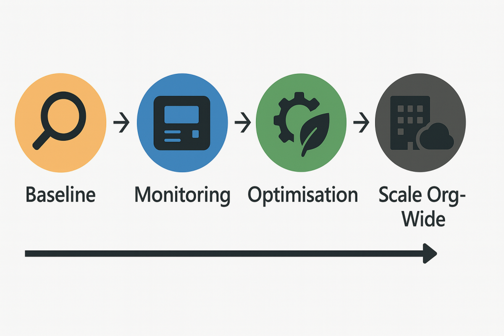 Horizontal four-step roadmap infographic with icons and labels: yellow magnifying glass for “Baseline,” blue dashboard screen for “Monitoring,” green gear with leaf for “Optimisation,” and gray building with cloud for “Scale Org-Wide.” Steps connected by arrows in sequence.