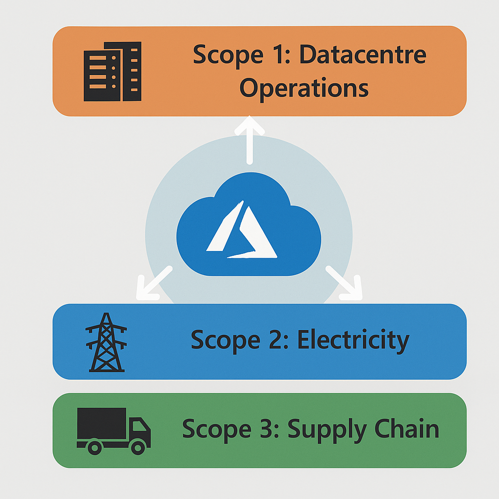 Layered diagram with a central Azure cloud icon connected by arrows to three coloured boxes: orange box labelled “Scope 1: Datacentre Operations” with server icon, blue box labelled “Scope 2: Electricity” with power grid icon, and green box labelled “Scope 3: Supply Chain” with delivery truck icon