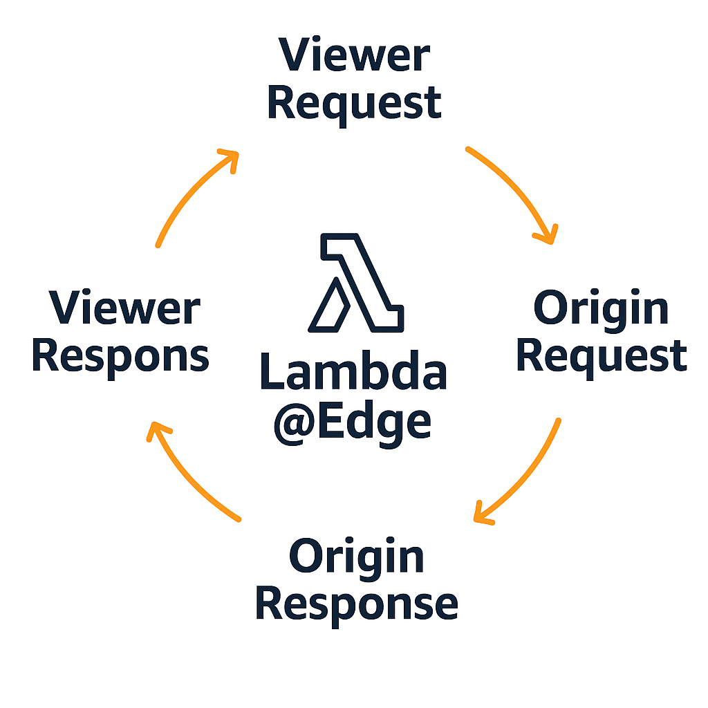 Circular diagram of Lambda@Edge execution model with four event hooks: Viewer Request, Origin Request, Origin Response, and Viewer Response, arranged around the Lambda symbol in the center.