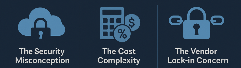 Three-column infographic outlining key cloud computing myths: security misconceptions, cost complexity, and vendor lock-in