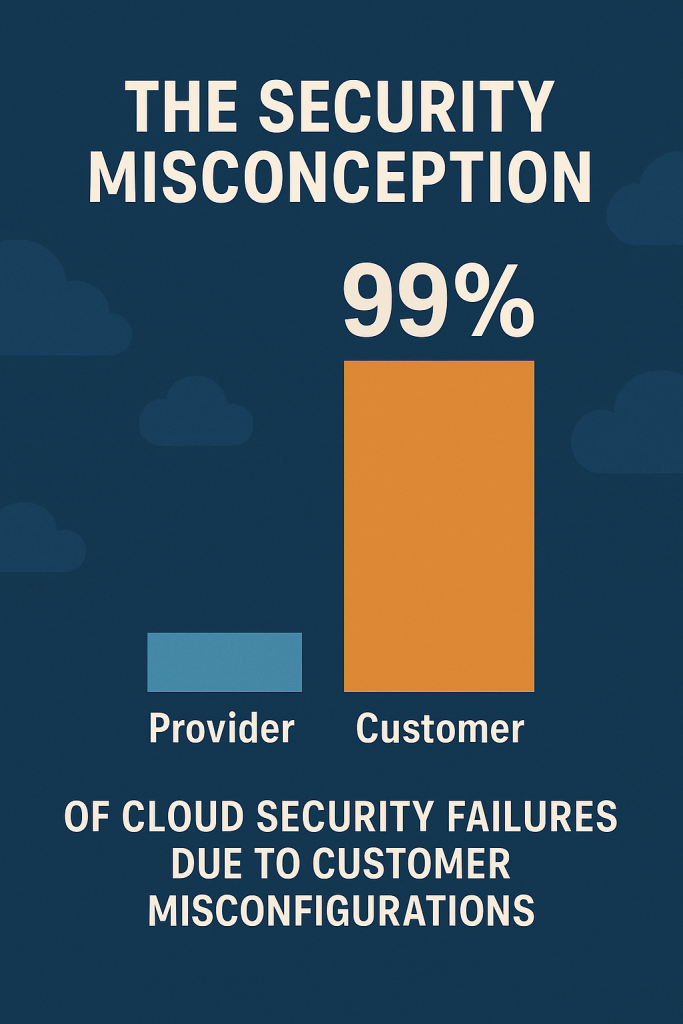 Bar chart infographic comparing provider versus customer cloud security failures, showing that 99 percent of incidents stem from customer misconfigurations rather than provider issues.