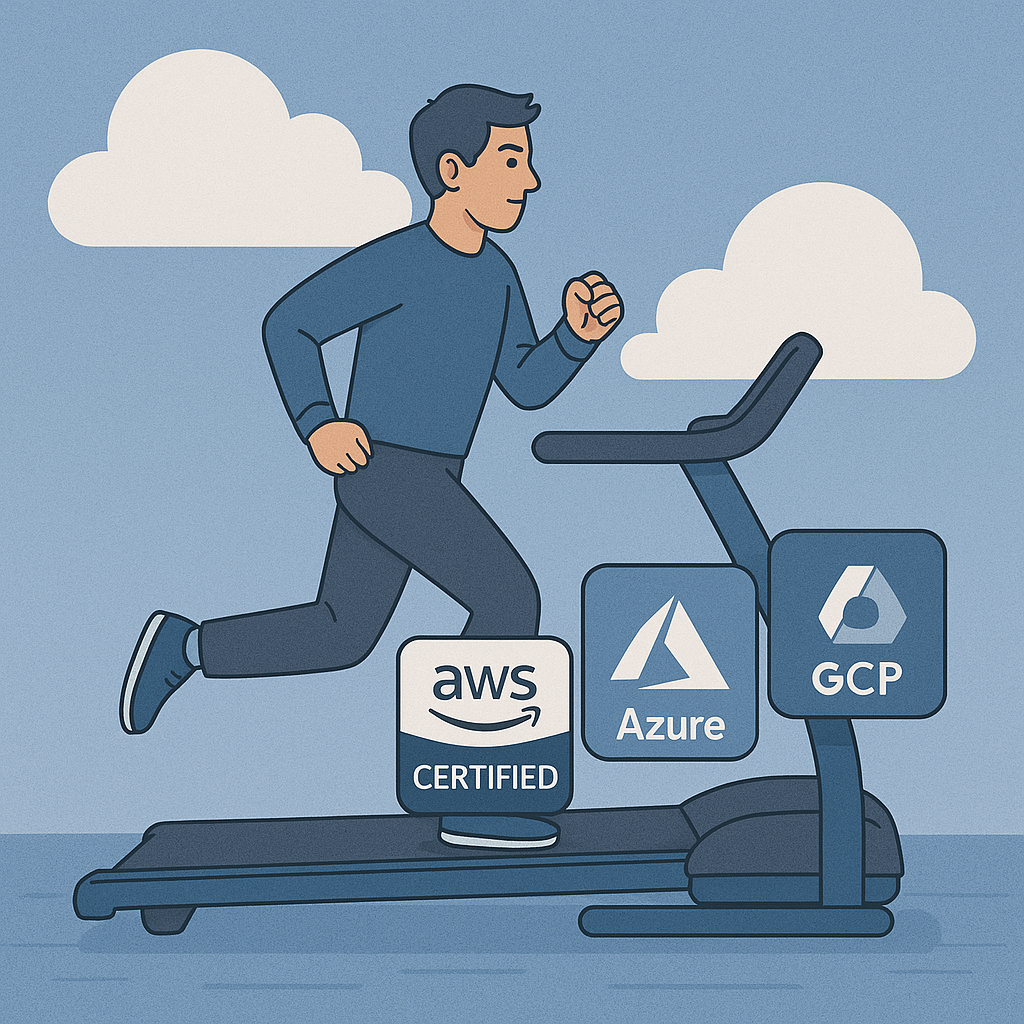 Illustration of a person running on a treadmill made of cloud certification badges, symbolising endless upskilling