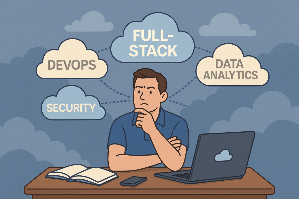 An overworked professional juggling multiple cloud platform icons, representing the unrealistic full-stack mindset.