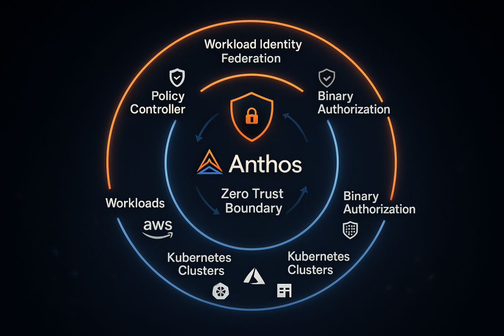 Circular diagram of Anthos’s zero-trust security model, with inner and outer rings showing workloads, Kubernetes clusters, and key components such as Policy Controller, Binary Authorization, and Workload Identity Federation protecting the Anthos core.
