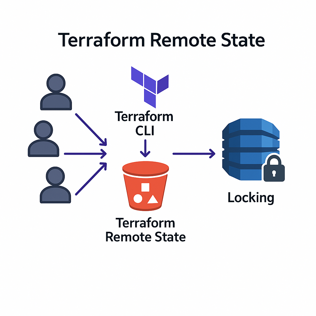 Diagram showing multiple team member icons pointing to the Terraform CLI, which connects to an AWS S3 bucket labelled “Terraform Remote State.” From the bucket, an arrow points to an AWS DynamoDB table labelled “Locking” with a padlock icon. Demonstrates collaborative and conflict-free state management.