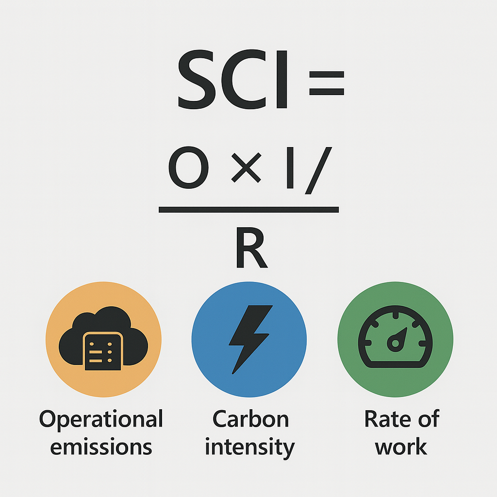 Infographic showing the formula “SCI = O × I ÷ R.” Below the equation are three circular icons: yellow cloud server labelled “Operational emissions,” blue lightning bolt labelled “Carbon intensity,” and green efficiency gauge labelled “Rate of work.