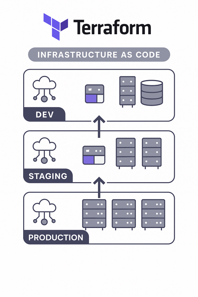 Diagram showing three environments—Dev, Staging, and Production—stacked vertically. Each environment contains infrastructure icons such as a cloud, servers, and a database. Arrows flow upward from Dev to Staging to Production, with the Terraform logo and “Infrastructure as Code” label at the top, highlighting consistent infrastructure promotion.