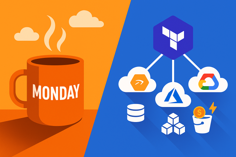 Flat-style split illustration with an orange left side showing a steaming orange mug labeled 'MONDAY', and a blue right side depicting Terraform’s multi-cloud icon branching out to AWS, Azure, and Google Cloud logos, connected to icons for databases, containers, and cost efficiency