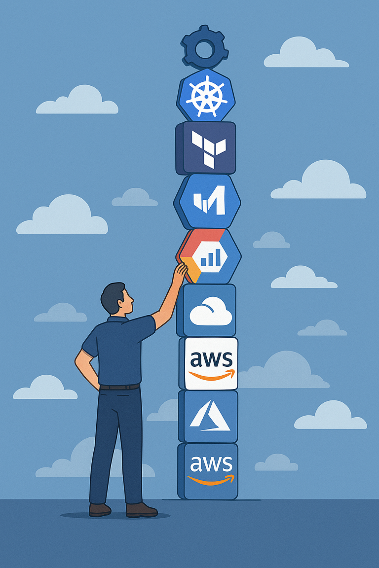 A cloud professional stands beneath a tall vertical stack of cloud technology icons, including AWS, Azure, GCP, Terraform, and Kubernetes, reaching up toward one of them. The image symbolises focus and selective learning within the vast world of cloud computing.