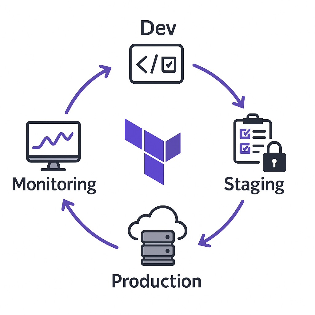 Circular flow diagram showing Dev, Staging, Production, and Monitoring stages around the Terraform logo in the centre. Arrows connect Dev → Staging → Production → Monitoring → back to Dev, illustrating a continuous deployment lifecycle with testing, approvals, deployments, and feedback.