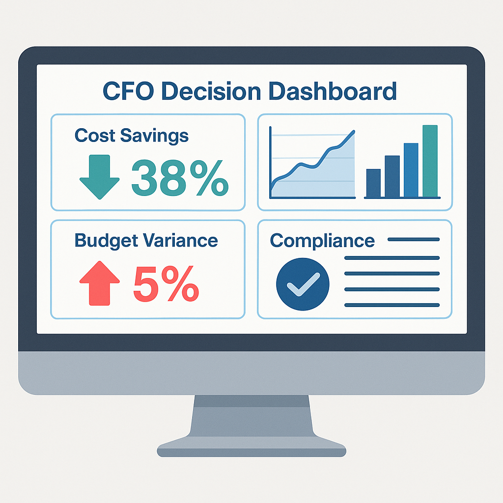 CFO decision dashboard displaying FinOps performance metrics including cost savings, budget variance, compliance, and forecast accuracy.