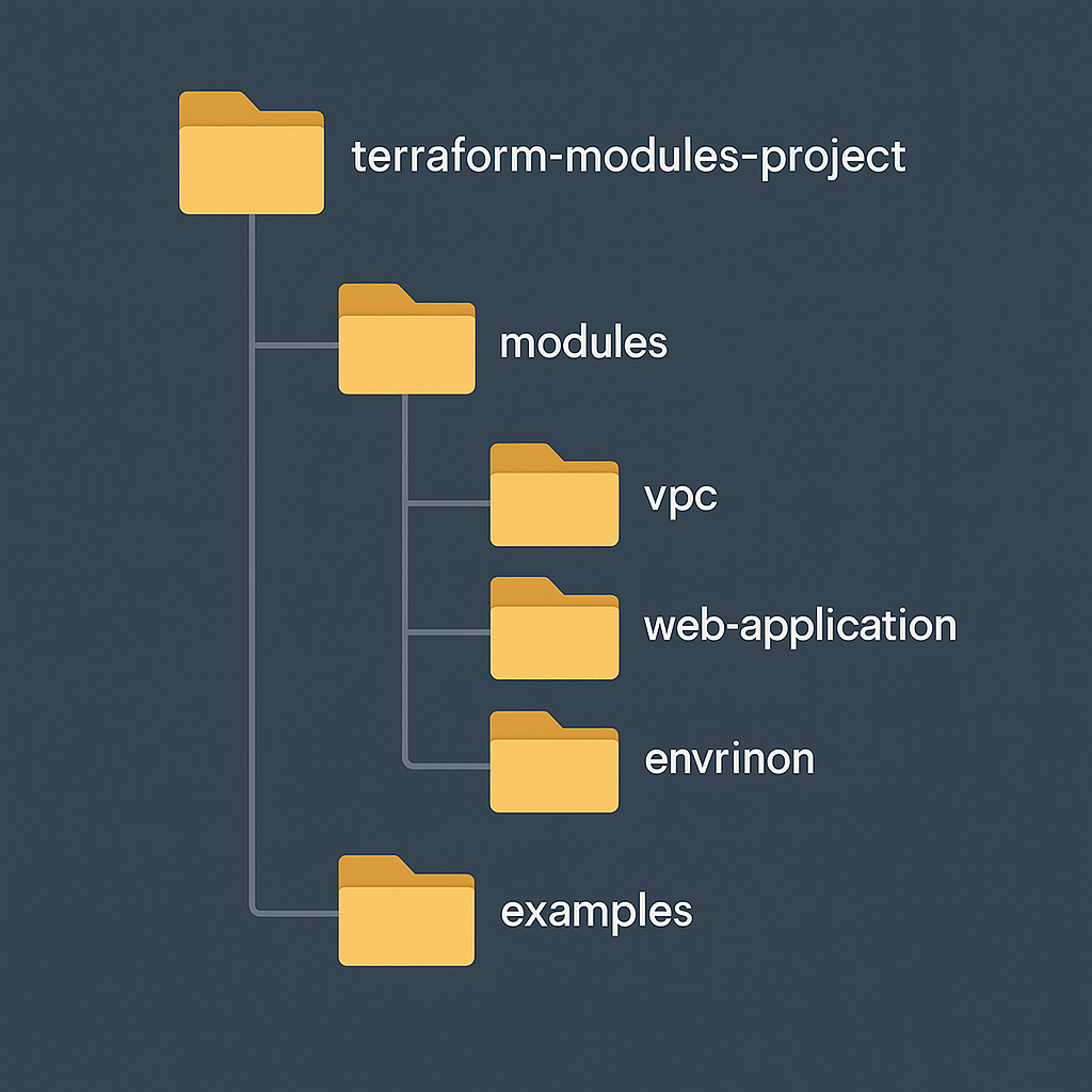 Folder tree diagram of a professional Terraform project structure with directories: modules (vpc, web-application), environments (dev, staging, prod), and examples. Clean layout helps visualize how IaC projects are organized.