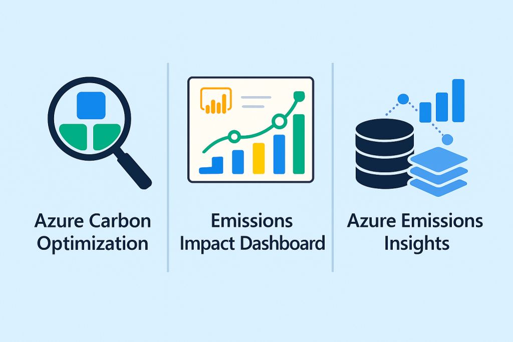 Three-column infographic showing Azure sustainability tools. Left: magnifying glass icon labeled “Azure Carbon Optimization.” Middle: dashboard with charts labelled “Emissions Impact Dashboard.” Right: stacked database and graph icons labelled “Azure Emissions Insights.