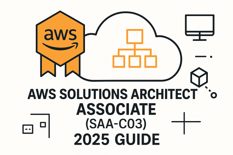 Clean minimal graphic showing AWS cloud and certification badge with the text “AWS Solutions Architect Associate (SAA-C03) – 2025 Guide”