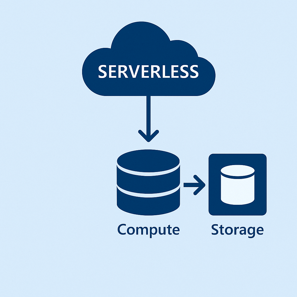 Illustration of Azure SQL Serverless compute model showing cloud-based compute resources connecting to storage with automatic scaling.