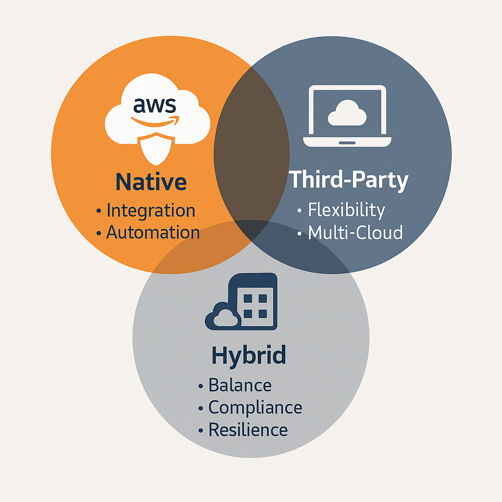Three-circle Venn diagram comparing AWS native, third-party, and hybrid backup strategies, with overlaps showing benefits like integration, flexibility, compliance, and resilience.
