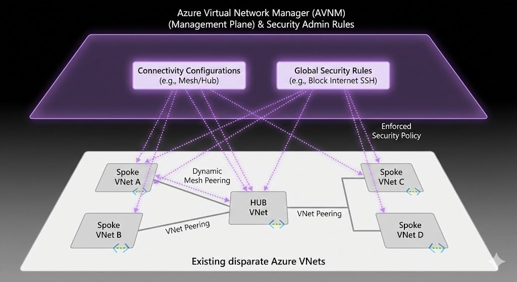 Conceptual diagram showing Azure Virtual Network Manager (AVNM) as a management plane overlaying existing Azure Virtual Networks to enforce security admin rules and connectivity.