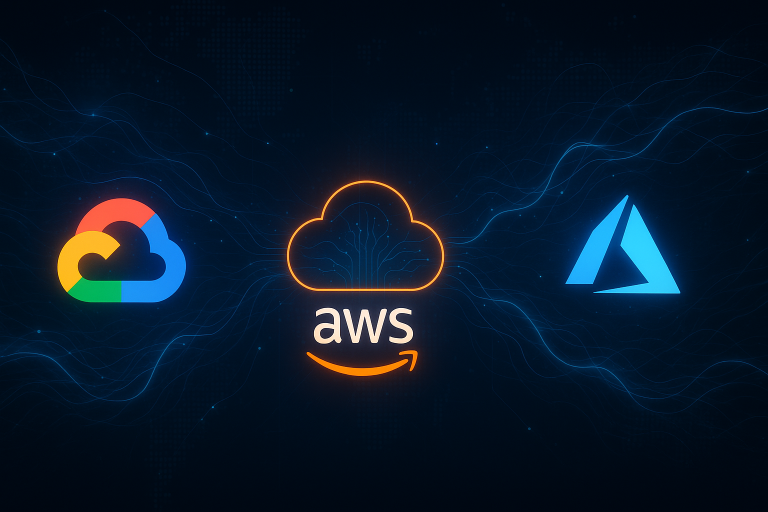 Feature image showing Google Cloud, AWS, and Azure AI platforms connected by neural data streams, representing the 2025 cloud AI platform comparison.