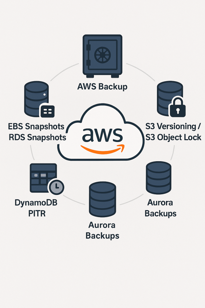 Circular diagram with an AWS cloud in the center, connected to native backup services including AWS Backup, EBS Snapshots, RDS Snapshots, S3 Object Lock, DynamoDB PITR, and Aurora Backups.