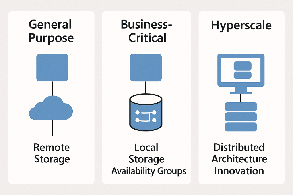 Diagram comparing Azure SQL architecture tiers: General Purpose with remote storage, Business Critical with local SSD storage and availability groups, and Hyperscale with distributed architecture.