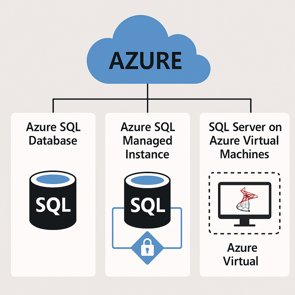 Visual comparison of Azure SQL Database, Managed Instance, and SQL Server on Virtual Machines within Azure’s cloud service hierarchy