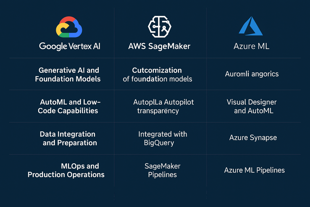 Table comparing key machine learning capabilities across Google Vertex AI, AWS SageMaker, and Azure ML, including generative AI, AutoML, data integration, and MLOps.