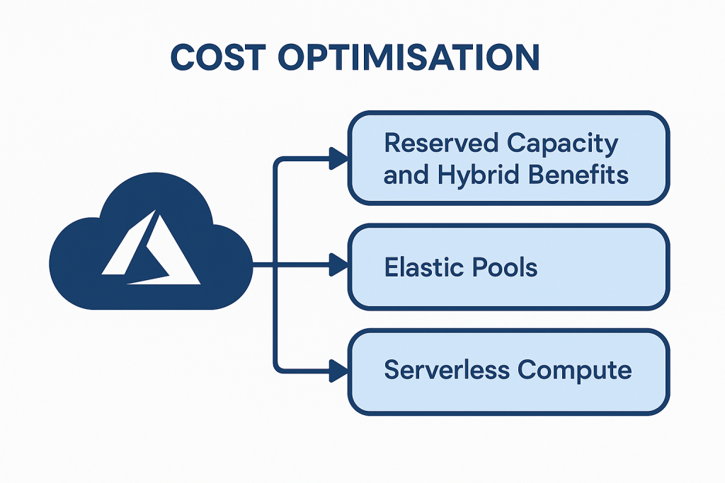 Flowchart showing Azure SQL cost optimisation strategies including Reserved Capacity and Hybrid Benefits, Elastic Pools, and Serverless Compute.