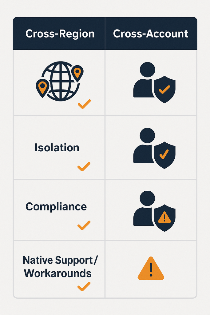 Two-column comparison chart contrasting AWS cross-region and cross-account backup strategies, with checkmarks and warning icons highlighting strengths and limitations in isolation, compliance, and native support.