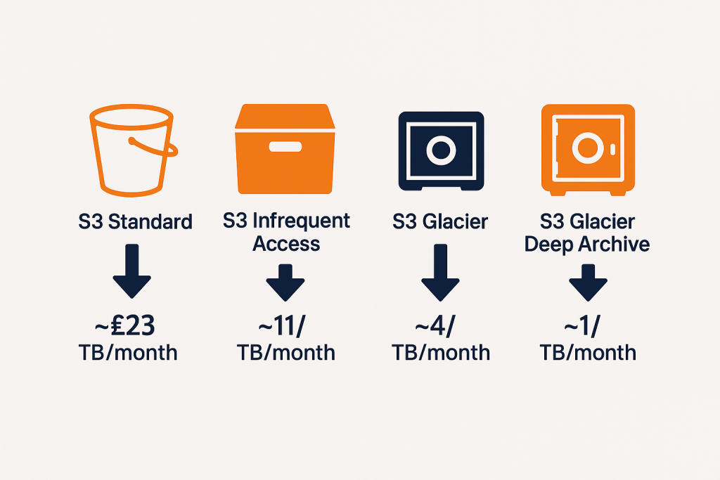 Linear flow diagram showing cost reduction across AWS S3 storage tiers, from Standard at ~£23/TB/month down to Glacier Deep Archive at ~£1/TB/month, with bucket and vault icons.