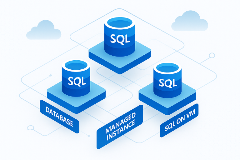 Isometric illustration showing Azure SQL Database, Managed Instance, and SQL on Virtual Machines as interconnected layers within a cloud architecture.