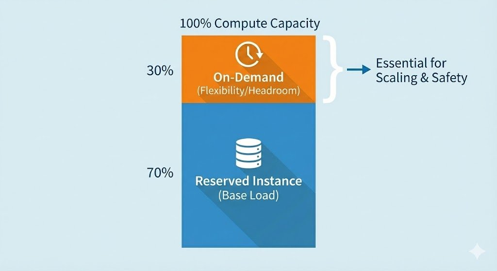 Visual chart demonstrating the 70/30 rule for cloud capacity planning: 70% of baseline compute covered by Reserved Instances for savings, and 30% left as On-Demand capacity to ensure headroom and flexibility.