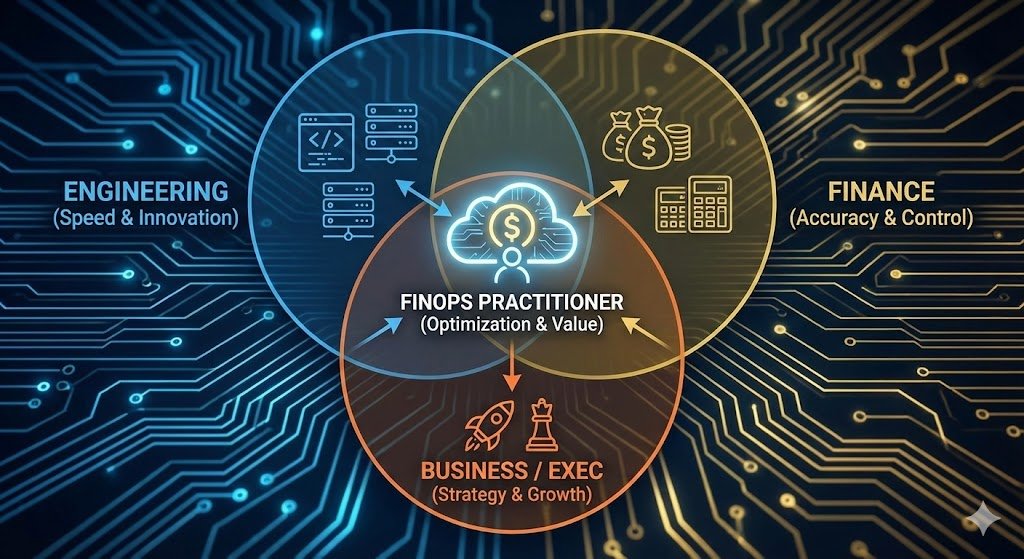 A Venn diagram illustrating the FinOps practitioner role at the intersection of Engineering (Speed & Innovation), Finance (Accuracy & Control), and Business/Executive (Strategy & Growth) functions.