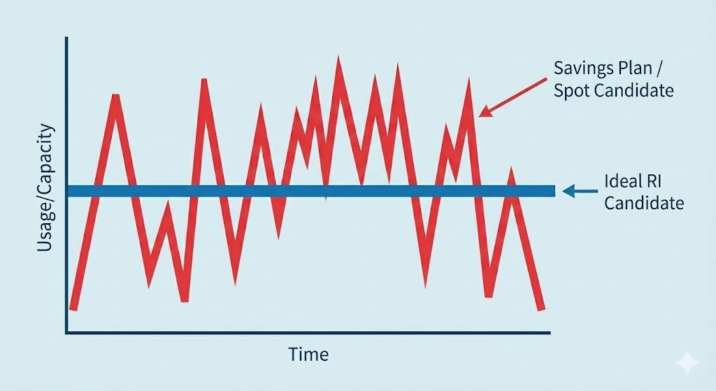 Line graph comparison showing two cloud workload patterns: a flat, stable blue line representing an ideal Reserved Instance candidate, and a jagged, volatile line representing a workload better suited for Savings Plans.