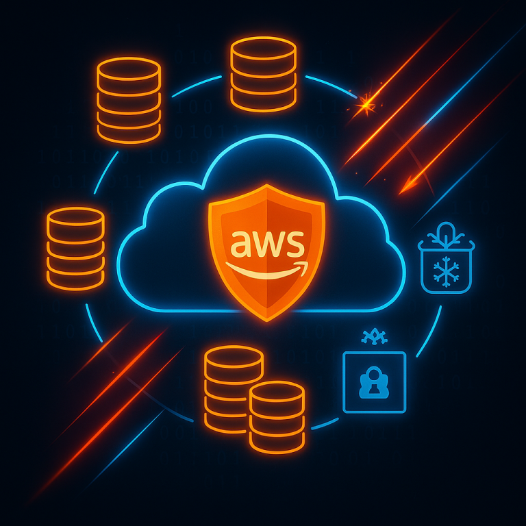 Glowing AWS cloud with an orange shield at the center, surrounded by neon icons of storage disks, a vault, and a Glacier archive, symbolizing backup resilience and ransomware protection.