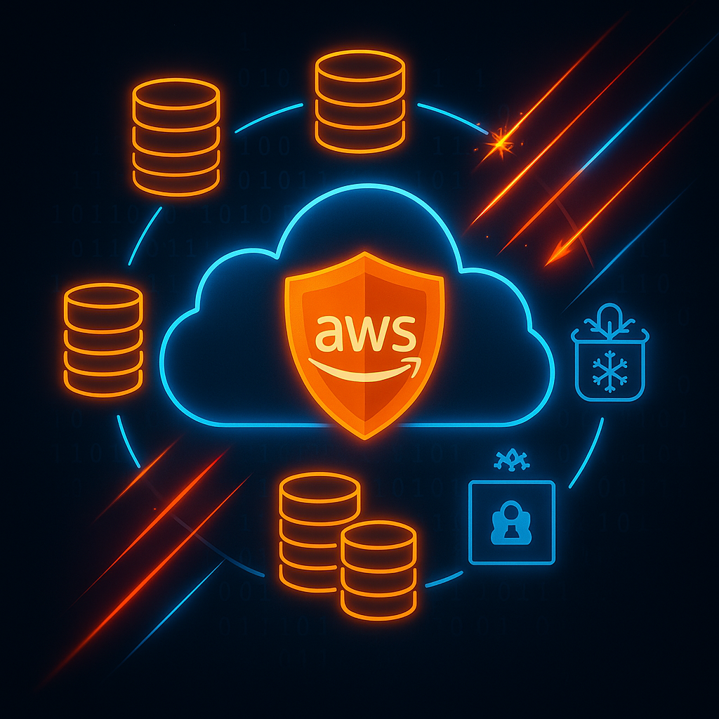 Glowing AWS cloud with an orange shield at the center, surrounded by neon icons of storage disks, a vault, and a Glacier archive, symbolizing backup resilience and ransomware protection.