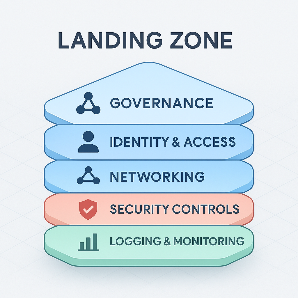 Layered diagram showing governance, identity and access, networking, security controls, and logging & monitoring forming the foundation of a cloud landing zone.