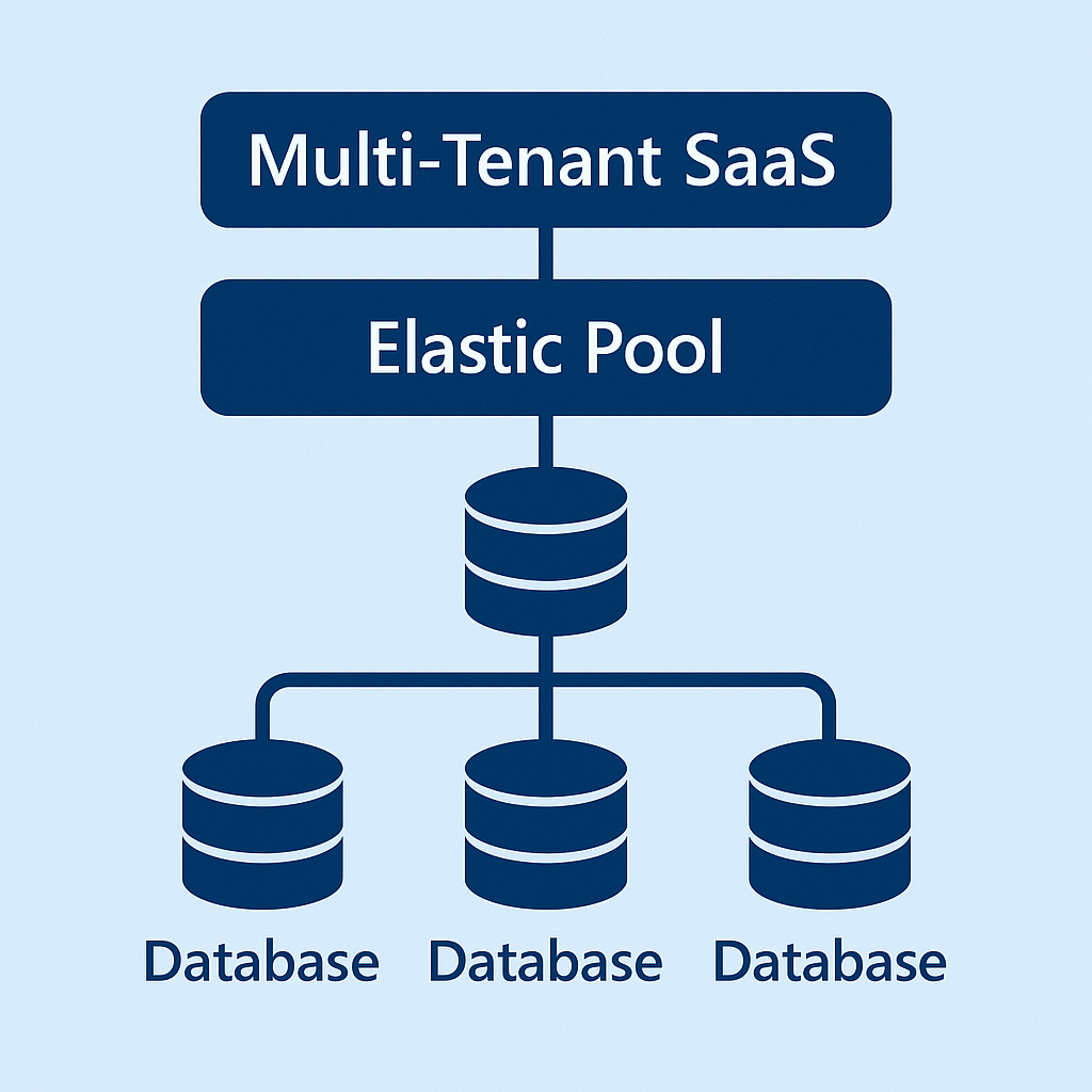 Diagram showing multi-tenant SaaS architecture with Azure SQL elastic pool sharing compute resources across multiple isolated tenant databases.