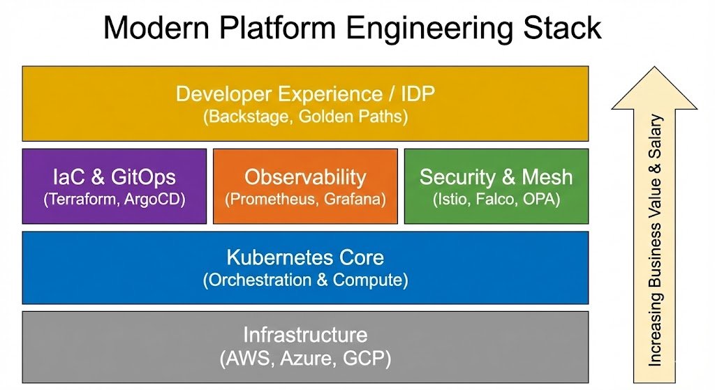 Diagram of the Modern Platform Engineering Stack layers, showing Infrastructure, Kubernetes Core, IaC, Observability, Security, and Developer Experience (IDP) leading to increased business value.