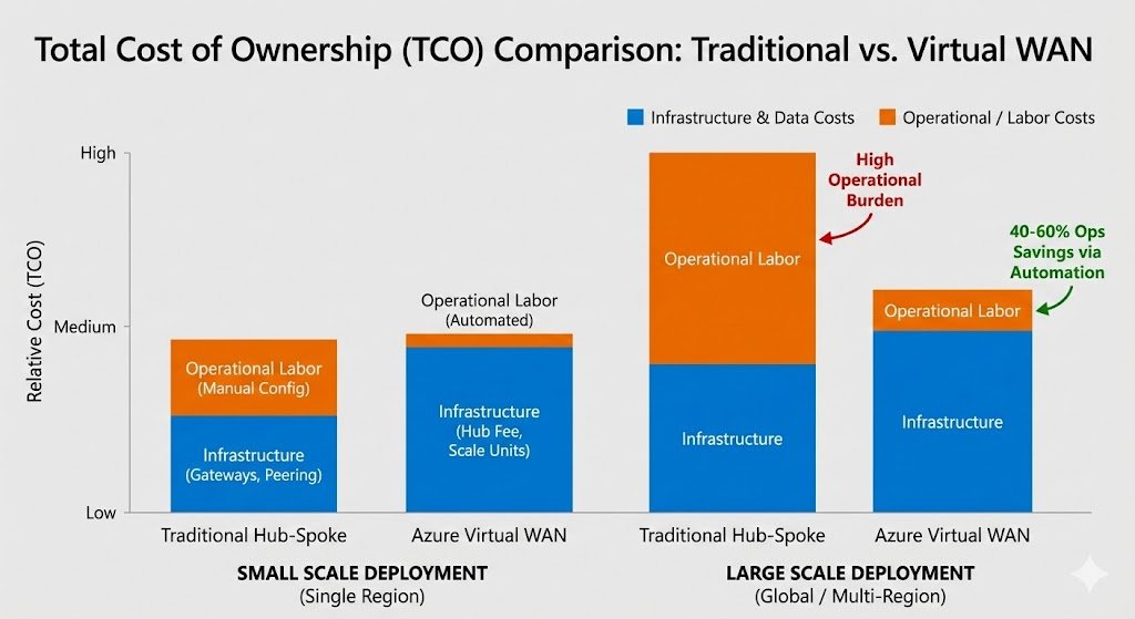 Total Cost of Ownership (TCO) bar chart comparing Traditional Hub-Spoke costs versus Azure Virtual WAN. The chart illustrates that while Traditional is cheaper for small scale, Virtual WAN offers significant cost savings at enterprise scale due to reduced operational overhead.