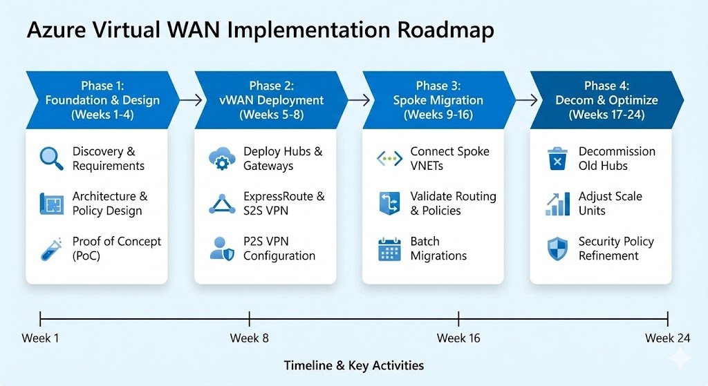 Process flow chart illustrating the four phases of Azure Virtual WAN migration: 1. Foundation and Design, 2. Infrastructure Deployment, 3. Spoke Network Migration, and 4. Decommissioning and Optimization.