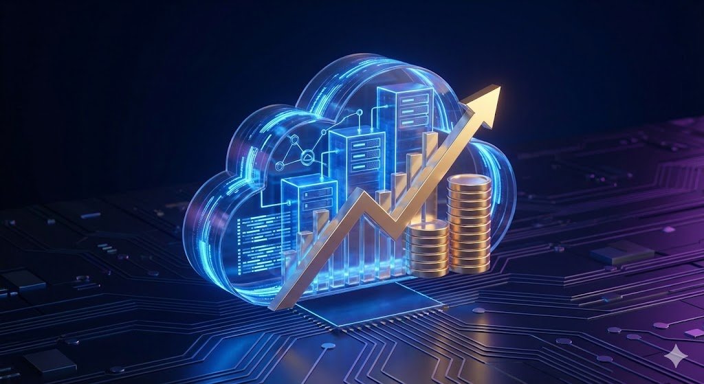 A cinematic 3D illustration representing the FinOps career track: a professional silhouette stands before a glowing digital dashboard featuring cloud server infrastructure connected to a rising golden financial growth arrow, symbolizing the intersection of engineering and cloud economics.
