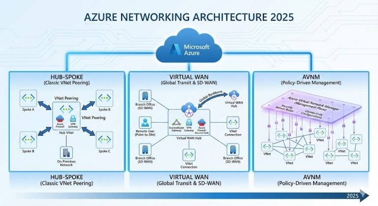 Abstract illustration of Azure networking architecture choices in 2025, showing three divergent digital paths representing Hub-Spoke, Virtual WAN, and Azure Virtual Network Manager leading to a global globe.
