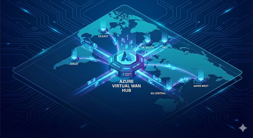 Futuristic 3D illustration of an Azure Virtual WAN hub connecting global regions on a world map, representing enterprise network architecture.