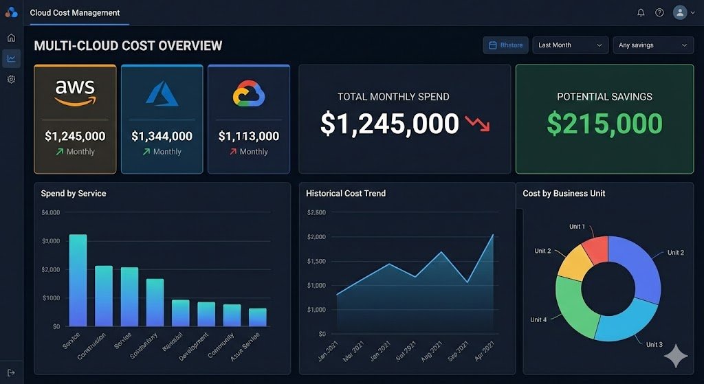 A screenshot of a cloud cost management dashboard showing multi-cloud spending across AWS, Azure, and GCP, with key metrics for total monthly spend, potential savings, and cost breakdowns by service, trend, and business unit.