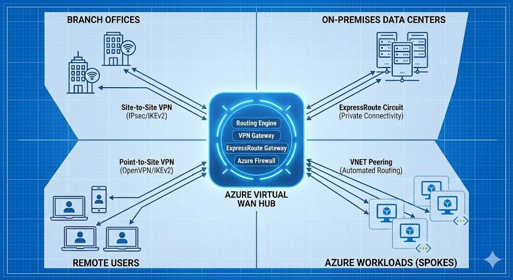 Comparison diagram showing the complexity of traditional N-by-N mesh peering versus the simplified any-to-any star topology of Azure Virtual WAN.