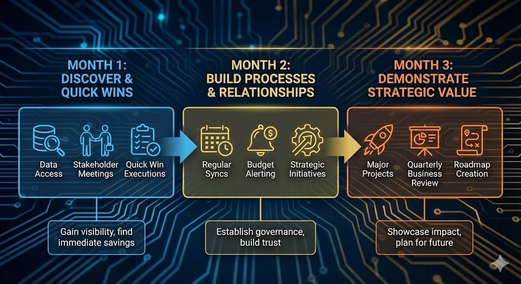 A three-month roadmap infographic for a new FinOps practitioner, outlining key actions and goals for discovering quick wins in Month 1, building processes and relationships in Month 2, and demonstrating strategic value in Month 3.