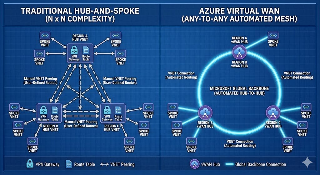 Comparison diagram showing the complexity of traditional N-by-N mesh peering versus the simplified any-to-any star topology of Azure Virtual WAN.