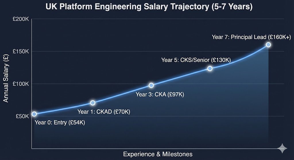 Line graph visualizing the UK Platform Engineering salary trajectory over 7 years, showing growth from £54K at entry level to over £160K for Principal Lead roles through certification milestones.